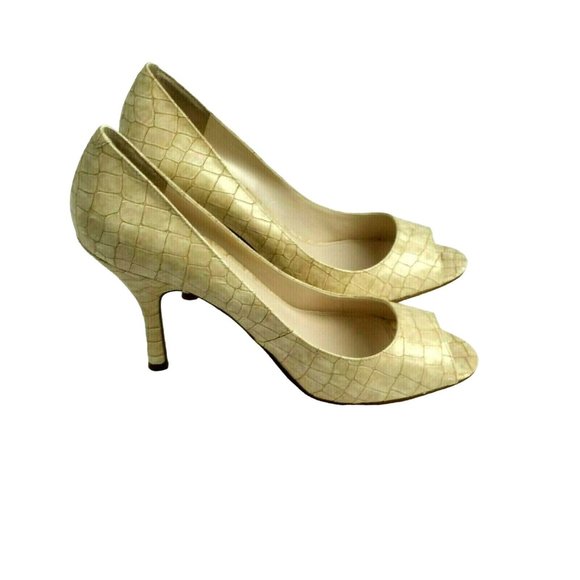 Enzo Angiolini Maylie Heels 8.5 Ivory Beige Embossed Patent Open Toe Snakeskin - Picture 2 of 12